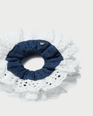 Loeffler Randall / Dolly Denim/Cream Embroidered Scrunchie