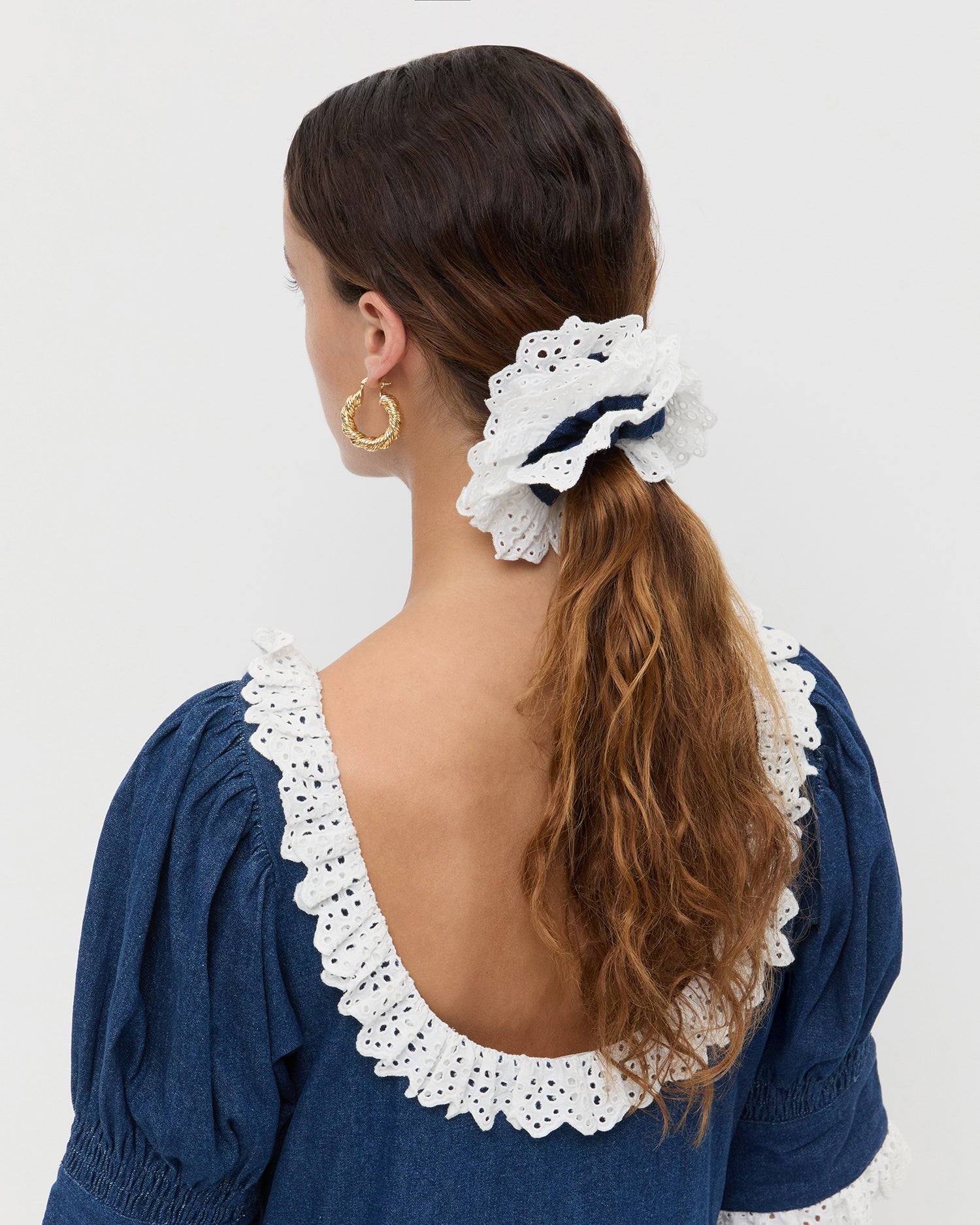 Loeffler Randall / Dolly Denim/Cream Embroidered Scrunchie